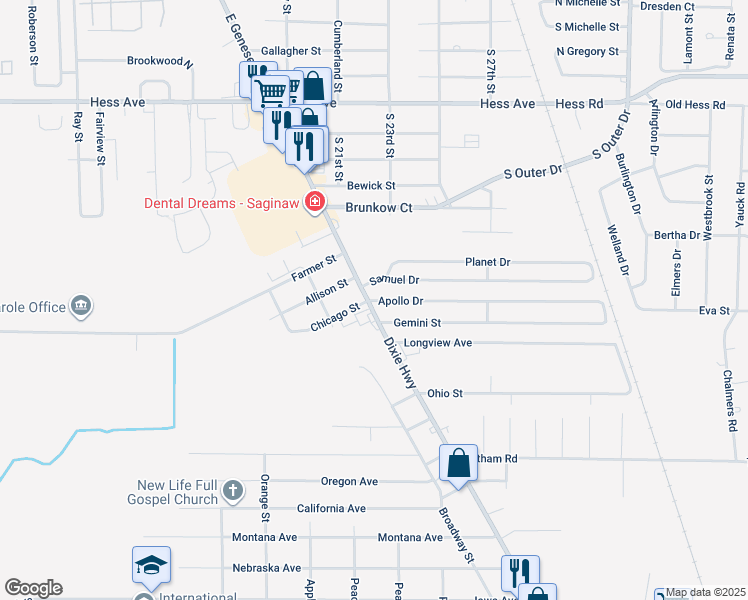map of restaurants, bars, coffee shops, grocery stores, and more near 2532 Gemini Street in Saginaw