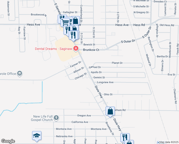 map of restaurants, bars, coffee shops, grocery stores, and more near 4200 Dixie Highway in Saginaw