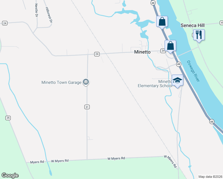 map of restaurants, bars, coffee shops, grocery stores, and more near 104 County Route 31 in Oswego