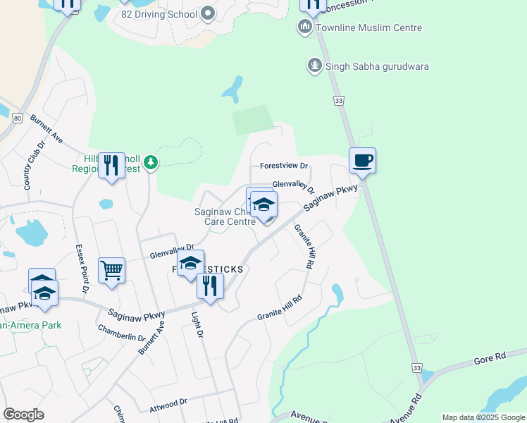 map of restaurants, bars, coffee shops, grocery stores, and more near 740 Saginaw Parkway in Cambridge