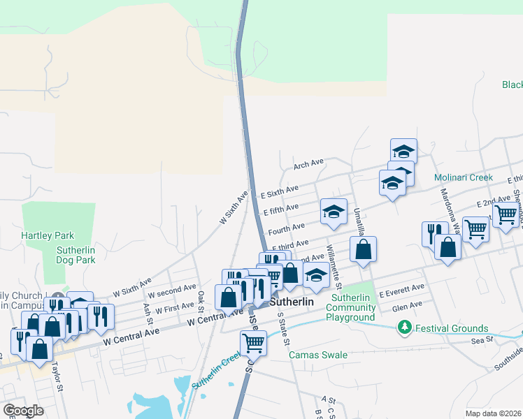 map of restaurants, bars, coffee shops, grocery stores, and more near 612 North State Street in Sutherlin