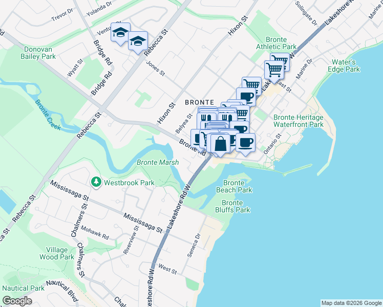 map of restaurants, bars, coffee shops, grocery stores, and more near 128 Bronte Road in Oakville