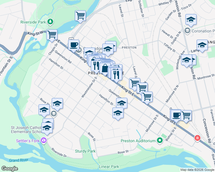map of restaurants, bars, coffee shops, grocery stores, and more near 718 Waterloo Regional Road 8 in Cambridge