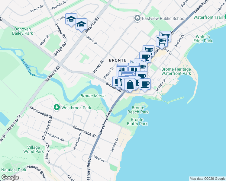 map of restaurants, bars, coffee shops, grocery stores, and more near 128 Bronte Road in Oakville