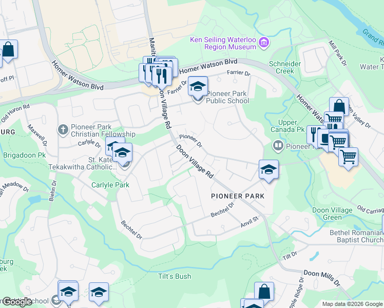 map of restaurants, bars, coffee shops, grocery stores, and more near 391 Pioneer Drive in Kitchener