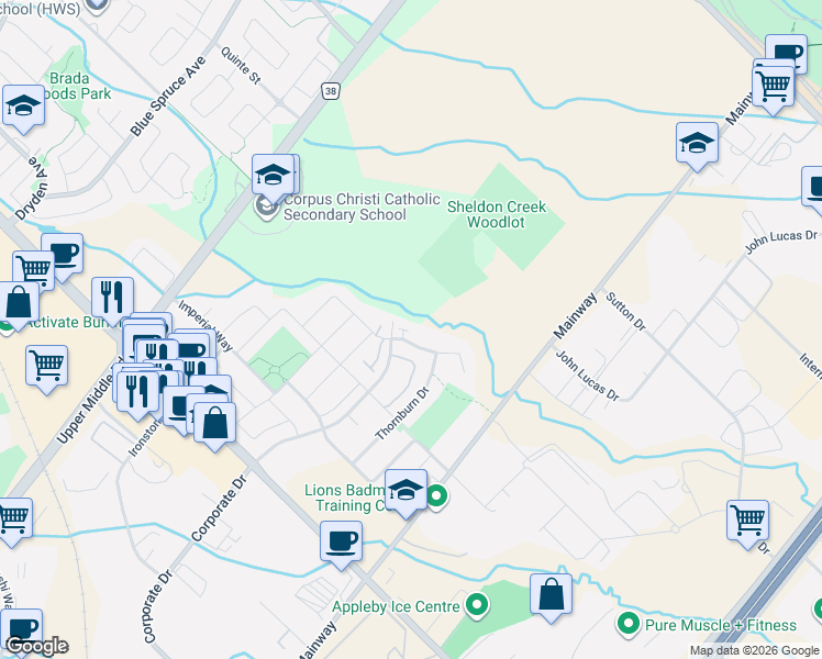 map of restaurants, bars, coffee shops, grocery stores, and more near 1745 Creek Way in Burlington