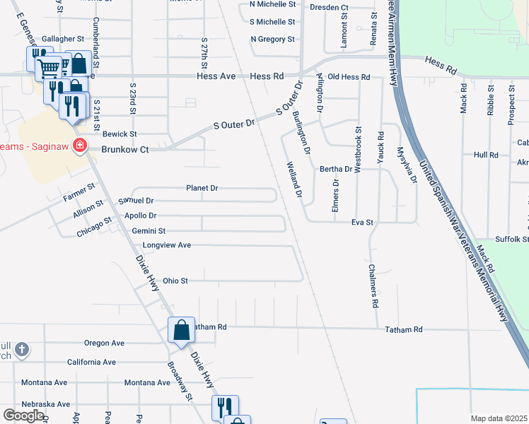 map of restaurants, bars, coffee shops, grocery stores, and more near 2913 Apollo Drive in Saginaw