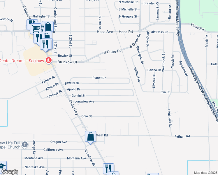 map of restaurants, bars, coffee shops, grocery stores, and more near 2773 Apollo Drive in Saginaw