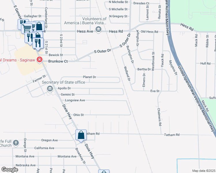 map of restaurants, bars, coffee shops, grocery stores, and more near 2849 Apollo Drive in Saginaw