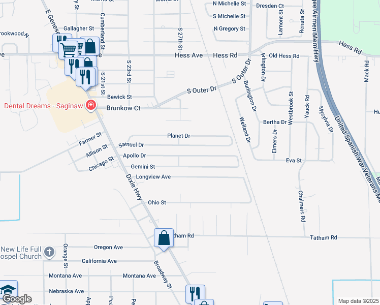 map of restaurants, bars, coffee shops, grocery stores, and more near 2743 Apollo Drive in Saginaw