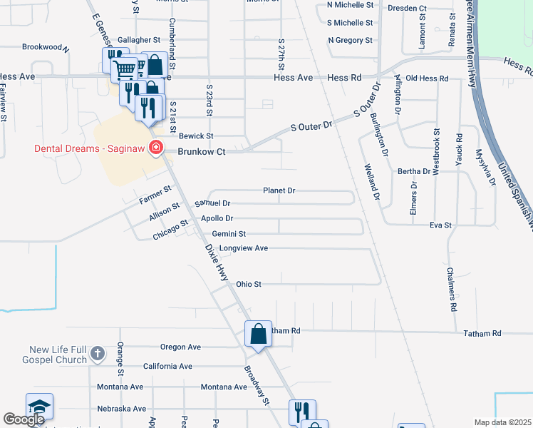 map of restaurants, bars, coffee shops, grocery stores, and more near 2671 Apollo Drive in Saginaw