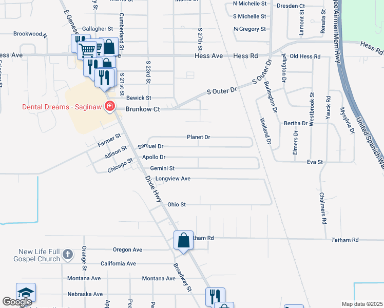 map of restaurants, bars, coffee shops, grocery stores, and more near 2679 Apollo Drive in Saginaw