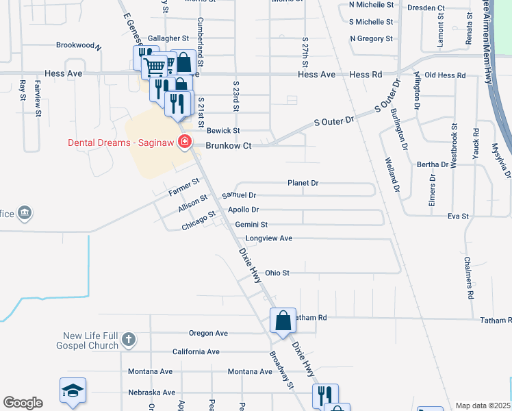 map of restaurants, bars, coffee shops, grocery stores, and more near 2585 Apollo Drive in Saginaw