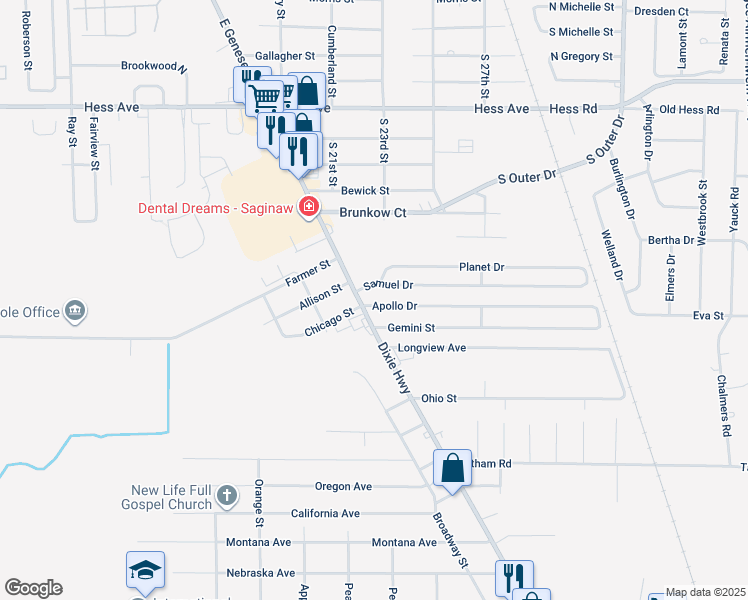 map of restaurants, bars, coffee shops, grocery stores, and more near 2519 Apollo Drive in Saginaw