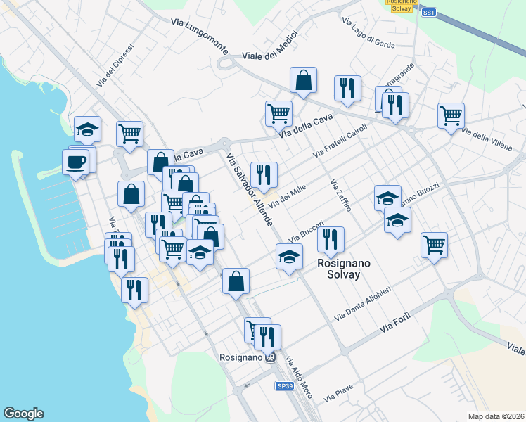 map of restaurants, bars, coffee shops, grocery stores, and more near 2 Via Spartaco Lavagnini in Rosignano Solvay-Castiglioncello