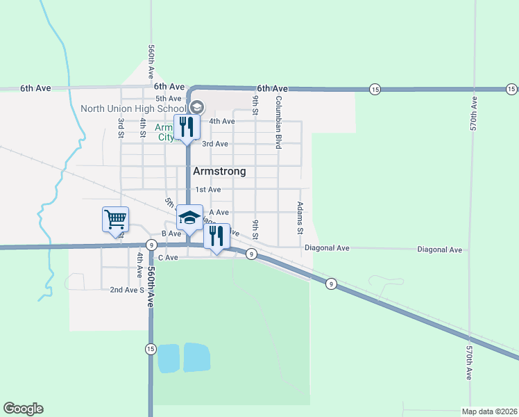 map of restaurants, bars, coffee shops, grocery stores, and more near 600-648 9th Street in Armstrong