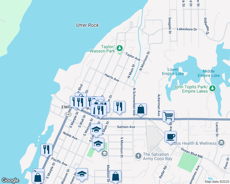 map of restaurants, bars, coffee shops, grocery stores, and more near 373 North Cammann Street in Coos Bay
