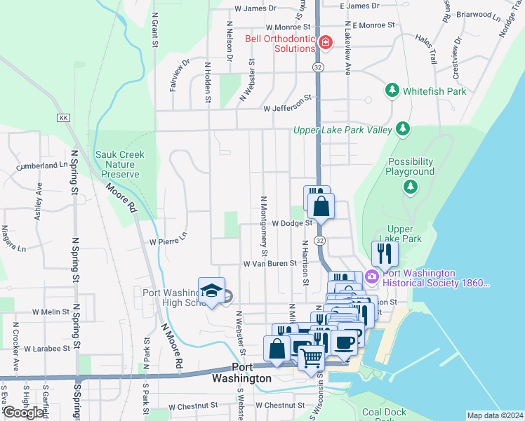 map of restaurants, bars, coffee shops, grocery stores, and more near 639 North Montgomery Street in Port Washington
