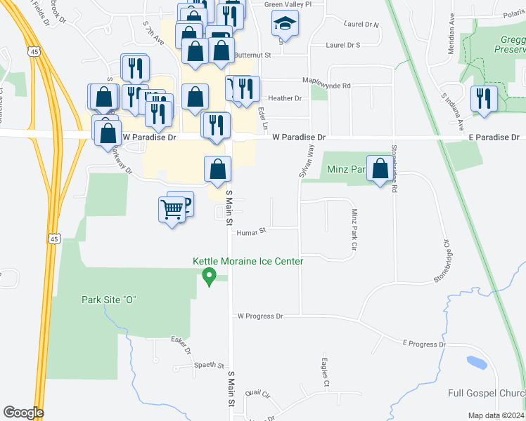 map of restaurants, bars, coffee shops, grocery stores, and more near 2030 Meadow Court in West Bend