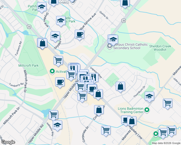 map of restaurants, bars, coffee shops, grocery stores, and more near 1980 Imperial Way in Burlington