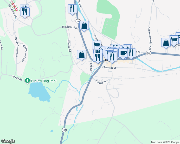 map of restaurants, bars, coffee shops, grocery stores, and more near 8 Pond Street in Ludlow