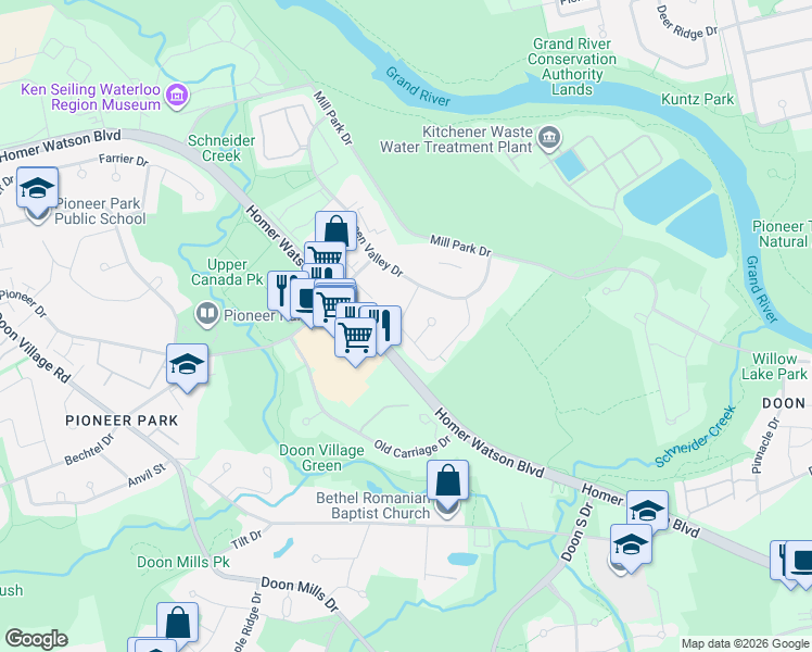 map of restaurants, bars, coffee shops, grocery stores, and more near 52 Arrowhead Place in Kitchener