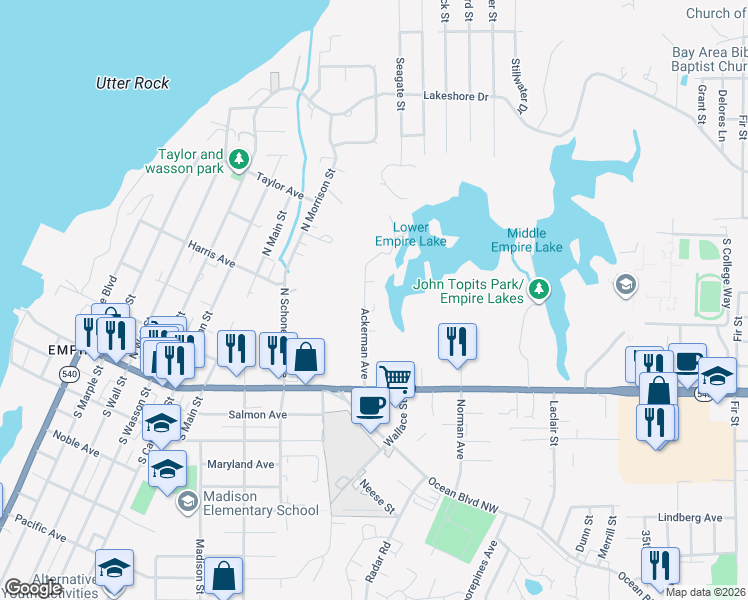 map of restaurants, bars, coffee shops, grocery stores, and more near 365 Ackerman Avenue in Coos Bay