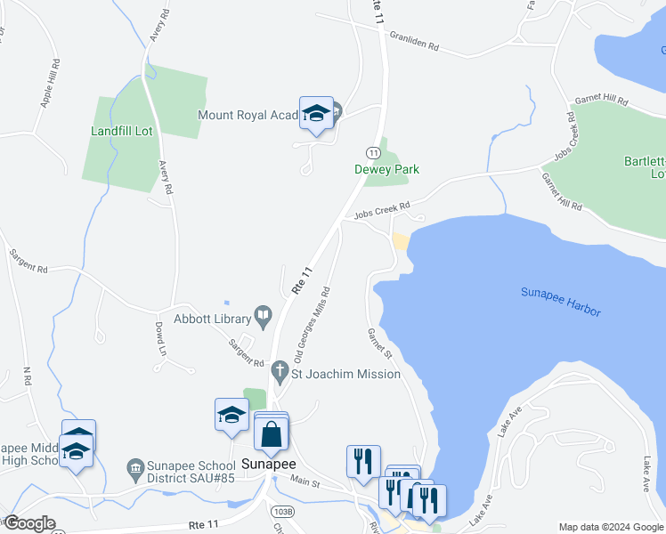 map of restaurants, bars, coffee shops, grocery stores, and more near 14 Georges Mills Road in Sunapee