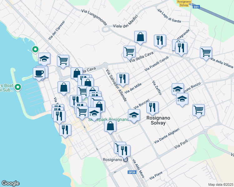 map of restaurants, bars, coffee shops, grocery stores, and more near 2 Via Spartaco Lavagnini in Rosignano Solvay-Castiglioncello