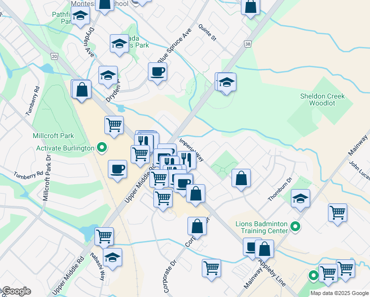 map of restaurants, bars, coffee shops, grocery stores, and more near 1901 Imperial Way in Burlington
