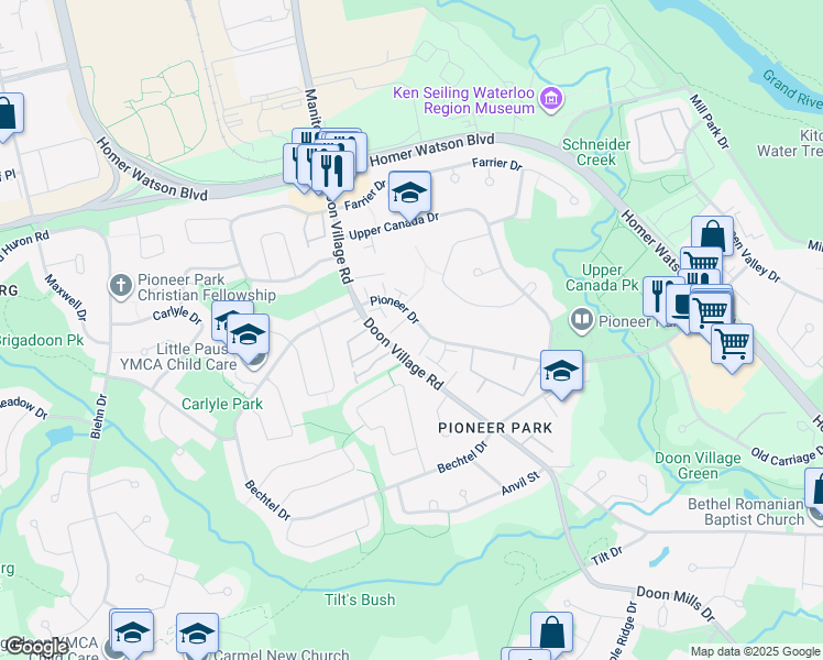 map of restaurants, bars, coffee shops, grocery stores, and more near 400 Pioneer Drive in Kitchener