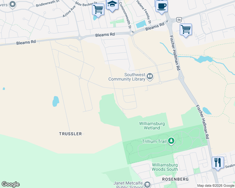 map of restaurants, bars, coffee shops, grocery stores, and more near 173 Forestwalk Street in Kitchener