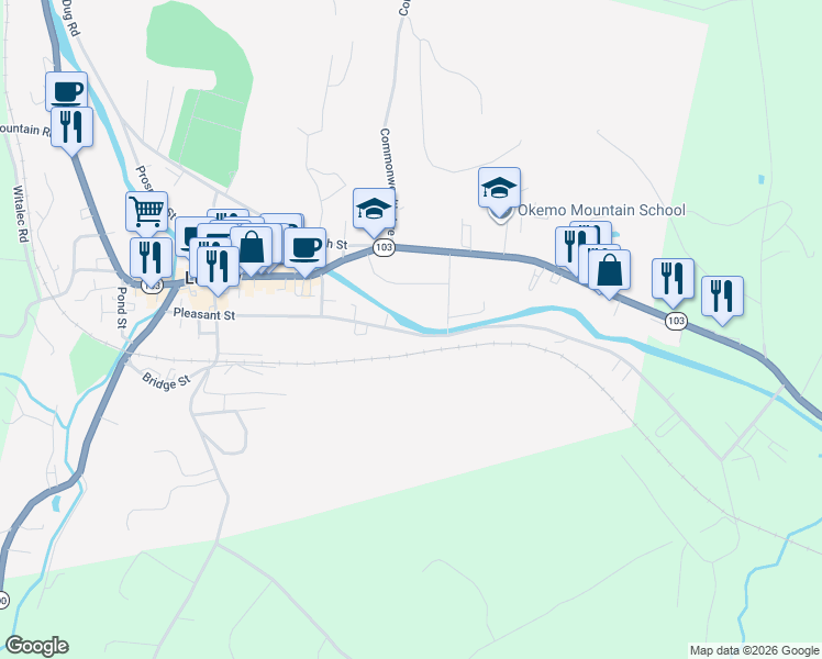 map of restaurants, bars, coffee shops, grocery stores, and more near 86 Pleasant Street in Ludlow