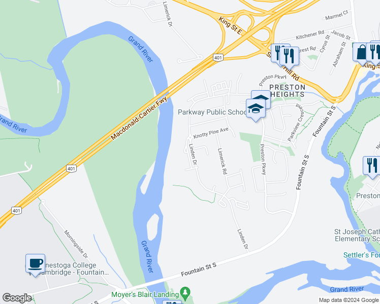 map of restaurants, bars, coffee shops, grocery stores, and more near 596 Linden Drive in Cambridge