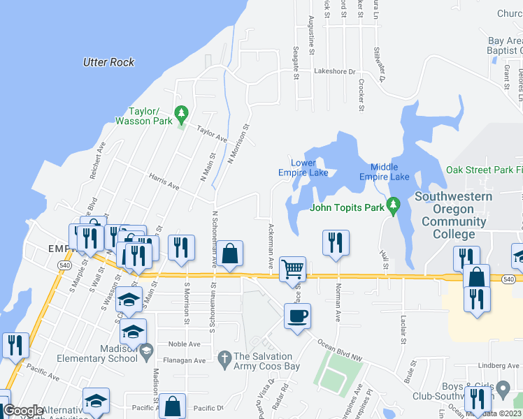 map of restaurants, bars, coffee shops, grocery stores, and more near 324 Ackerman Avenue in Coos Bay