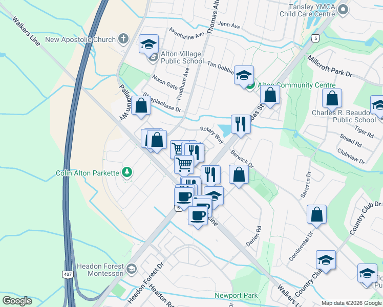 map of restaurants, bars, coffee shops, grocery stores, and more near 3050 Rotary Way in Burlington