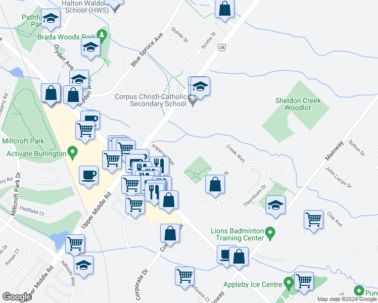 map of restaurants, bars, coffee shops, grocery stores, and more near 5162 Falconcrest Drive in Burlington
