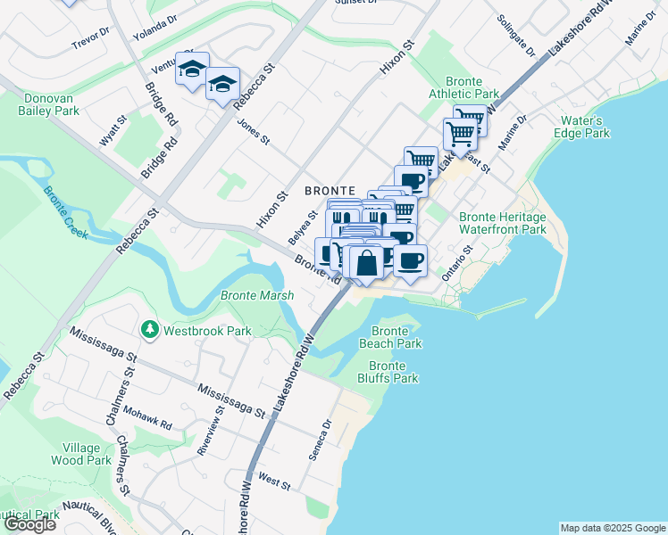 map of restaurants, bars, coffee shops, grocery stores, and more near 125 Bronte Road in Oakville