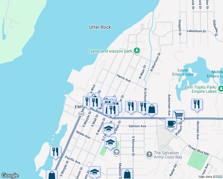 map of restaurants, bars, coffee shops, grocery stores, and more near 305 North Wall Street in Coos Bay