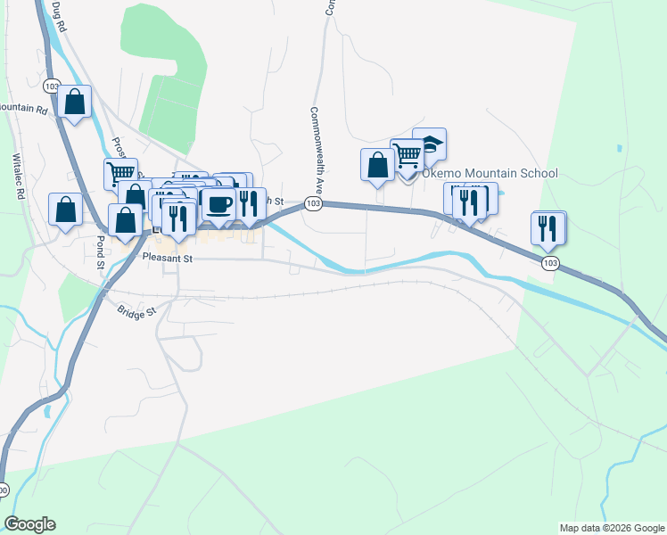 map of restaurants, bars, coffee shops, grocery stores, and more near 86 Pleasant Street in Ludlow