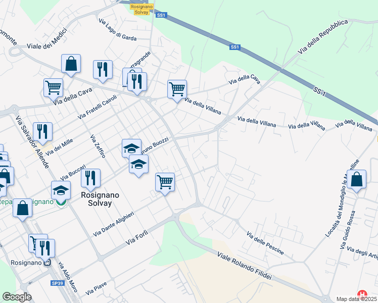 map of restaurants, bars, coffee shops, grocery stores, and more near 32 Via Guido Gozzano in Rosignano Solvay-Castiglioncello