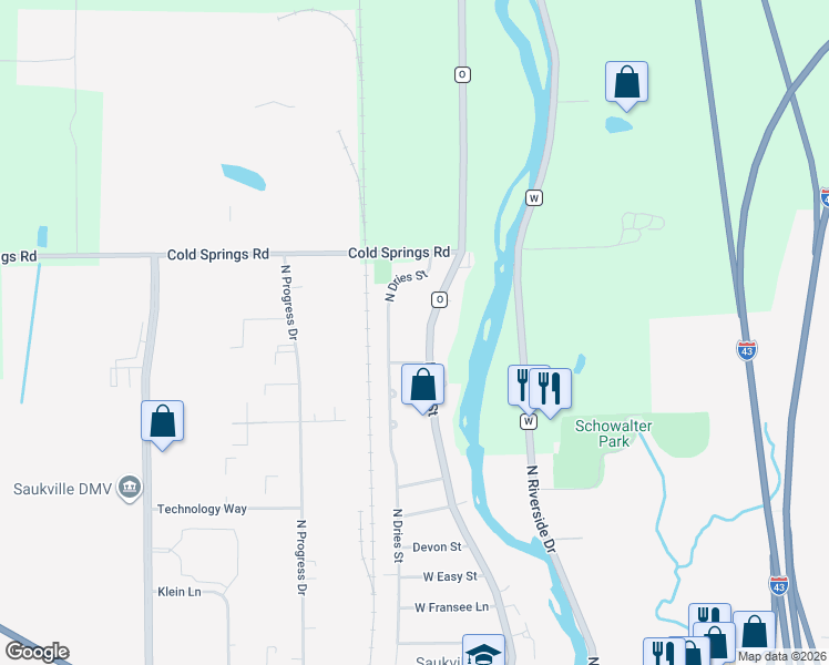 map of restaurants, bars, coffee shops, grocery stores, and more near 3234 County Highway O in Saukville