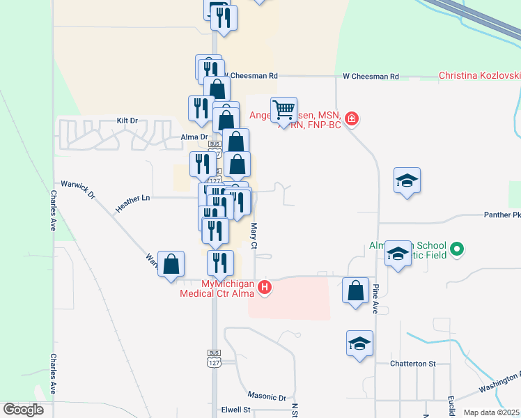 map of restaurants, bars, coffee shops, grocery stores, and more near 1660 Mary Court in Alma