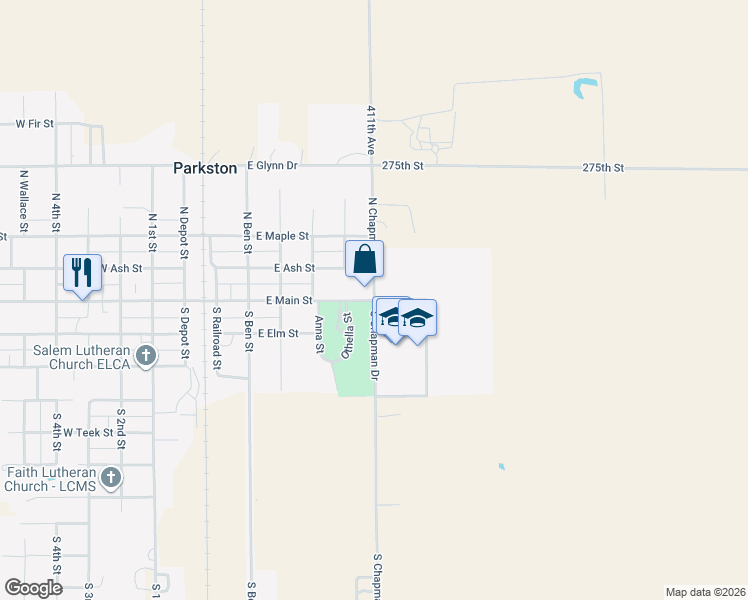 map of restaurants, bars, coffee shops, grocery stores, and more near 102 North Chapman Drive in Parkston