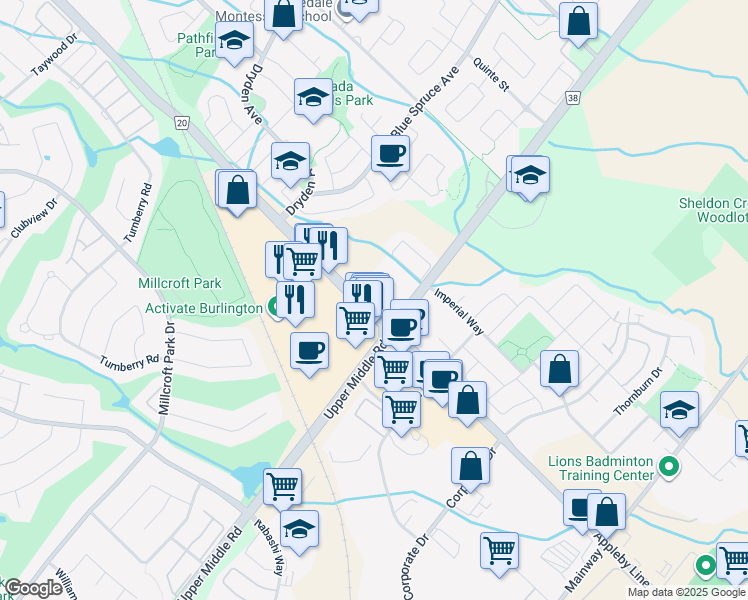 map of restaurants, bars, coffee shops, grocery stores, and more near 2035 Appleby Line in Burlington