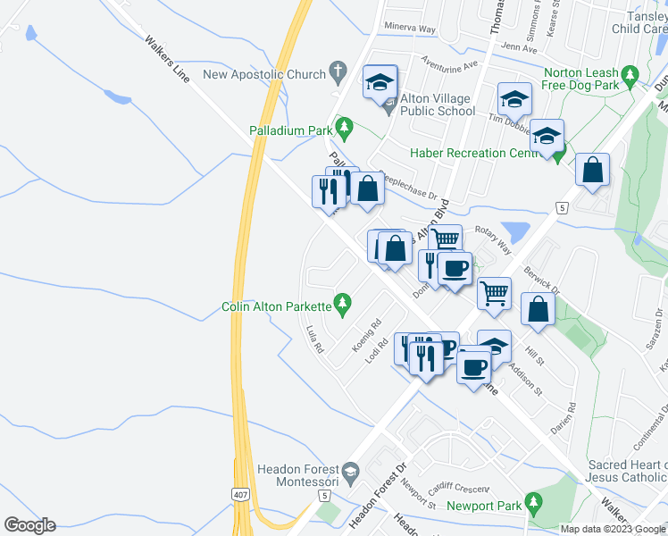 map of restaurants, bars, coffee shops, grocery stores, and more near 3861 Tufgar Crescent in Burlington
