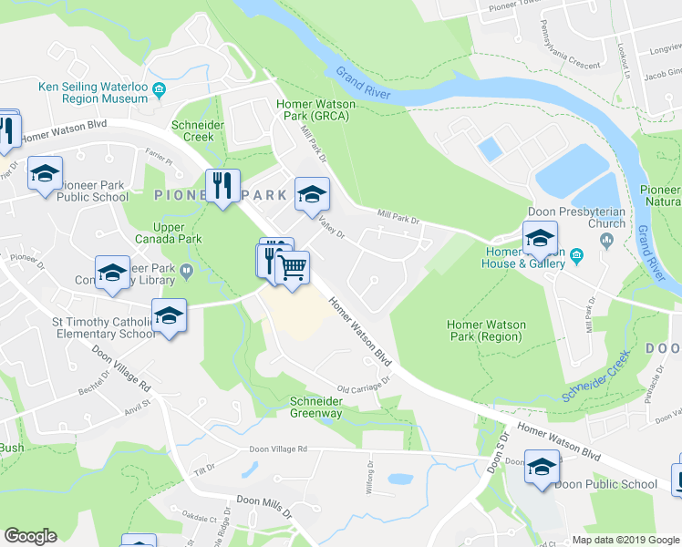 map of restaurants, bars, coffee shops, grocery stores, and more near 38 Arrowhead Crescent in Kitchener