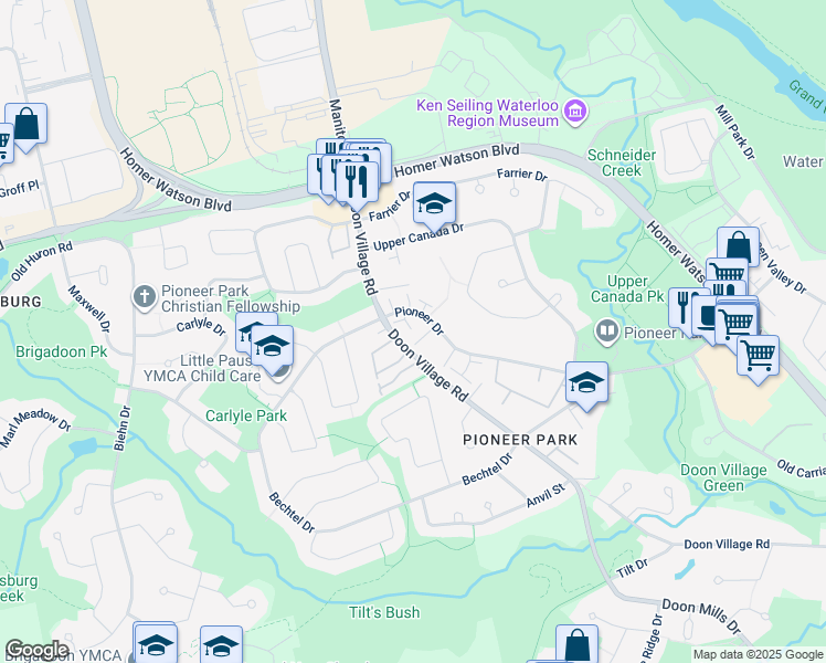 map of restaurants, bars, coffee shops, grocery stores, and more near 445 Pioneer Drive in Kitchener