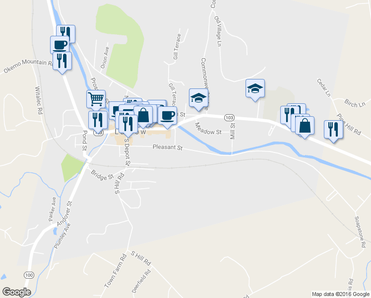 map of restaurants, bars, coffee shops, grocery stores, and more near 57 Pleasant St in Ludlow