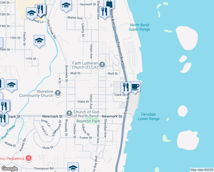 map of restaurants, bars, coffee shops, grocery stores, and more near 2991 Sheridan Avenue in North Bend